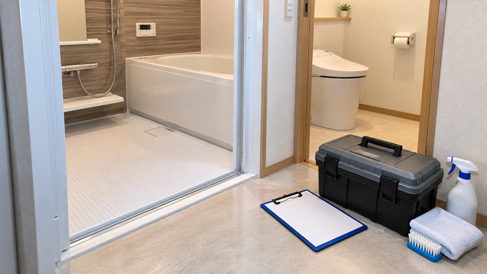 浴室・トイレと安全な場所に置いた点検用の資料（AI生成のイメージ画像）