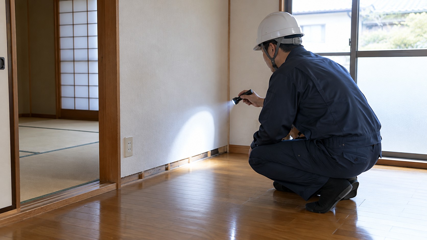 床と壁の状態を確認する室内調査の場面（AI生成のイメージ画像）
