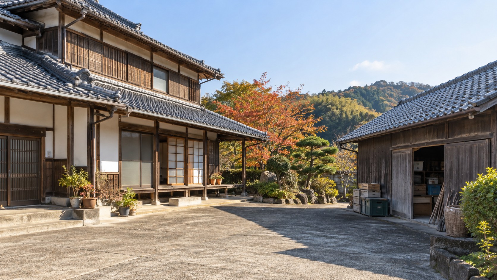 母屋と納屋が分かれた農家住宅の敷地（AI生成のイメージ画像）