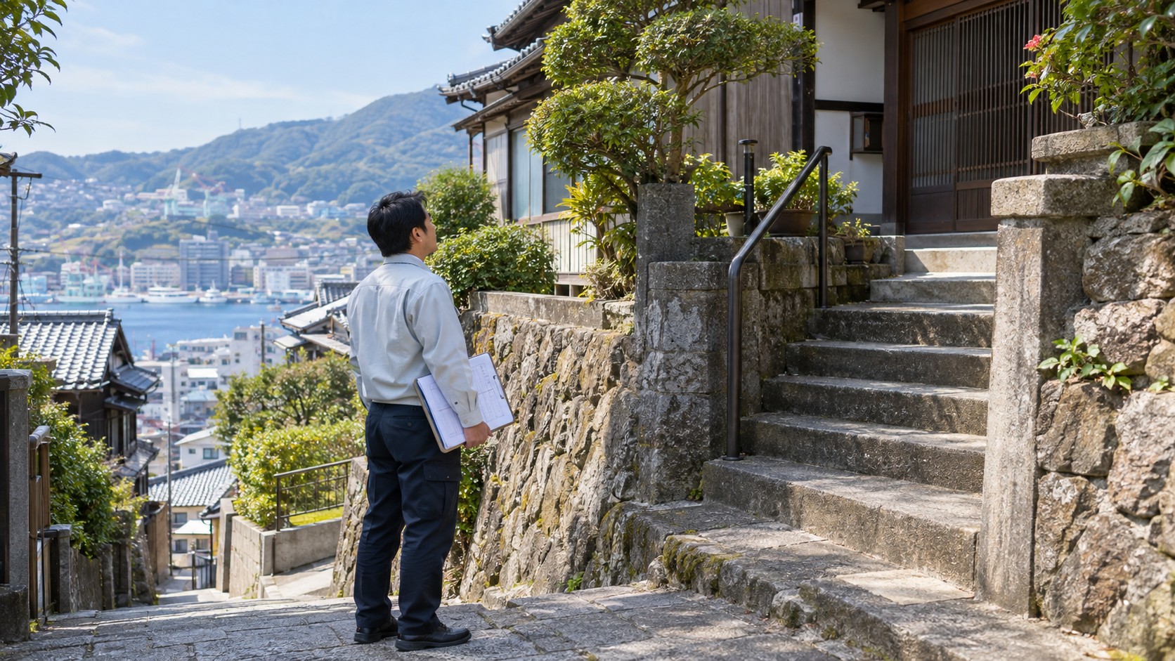 坂道と階段の先にある住宅を確認する担当者（AI生成のイメージ画像）