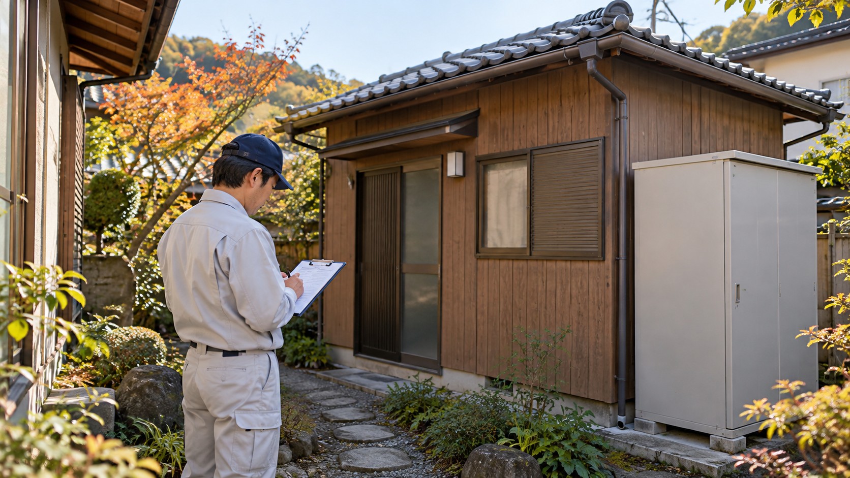 住宅の離れと作業条件を確認する担当者（AI生成のイメージ画像）