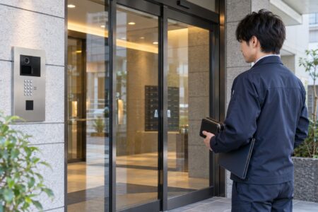 オートロックの入口で入館手続きを確認する担当者（AI生成のイメージ画像）