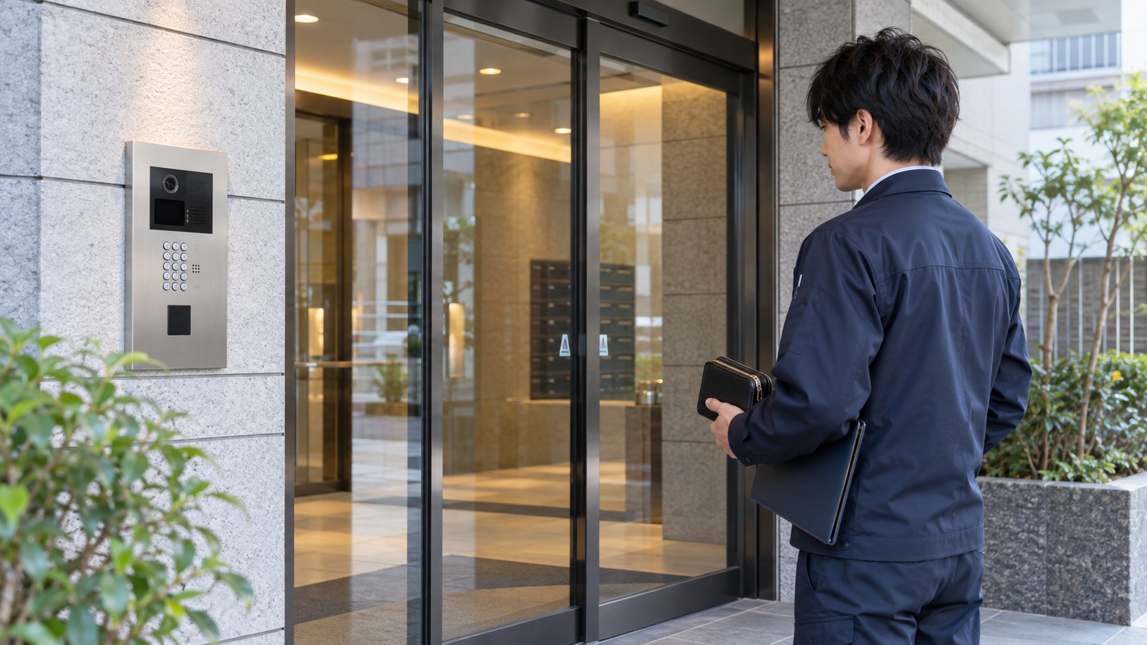 オートロックの入口で入館手続きを確認する担当者（AI生成のイメージ画像）