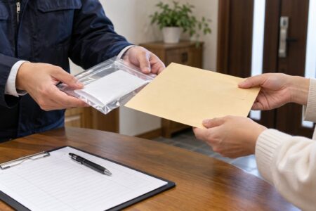 発見した物を封筒と記録で受け渡す手元（AI生成のイメージ画像）