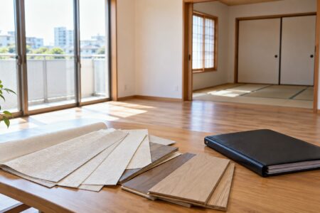 改修した室内と壁紙・床材の見本（AI生成のイメージ画像）