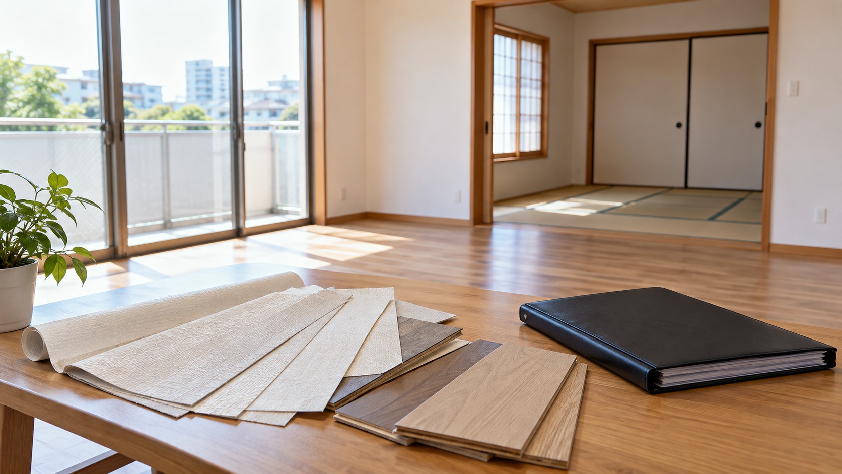 改修した室内と壁紙・床材の見本（AI生成のイメージ画像）